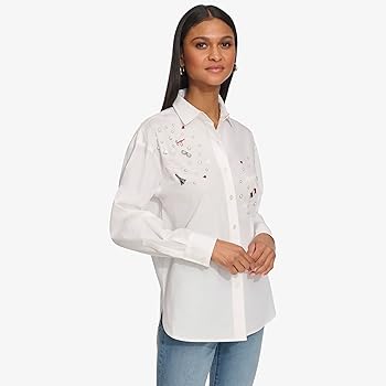 Karl Lagerfeld Paris Women's Logo Pin Detail Oversize Poplin